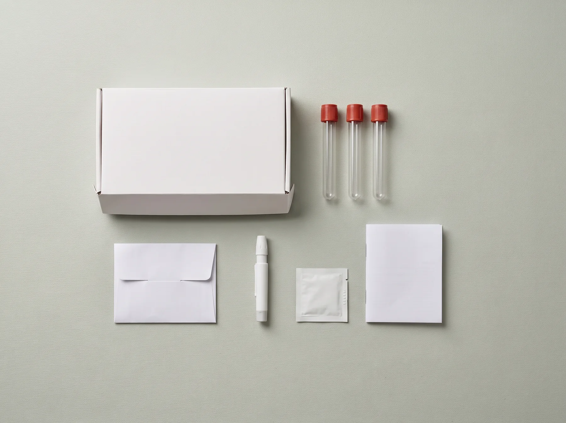 The kit box, closed, on a pale table. An at-home test kit laid out on a pale table: a white box, sample tubes with red caps, a pouch and a folded card
