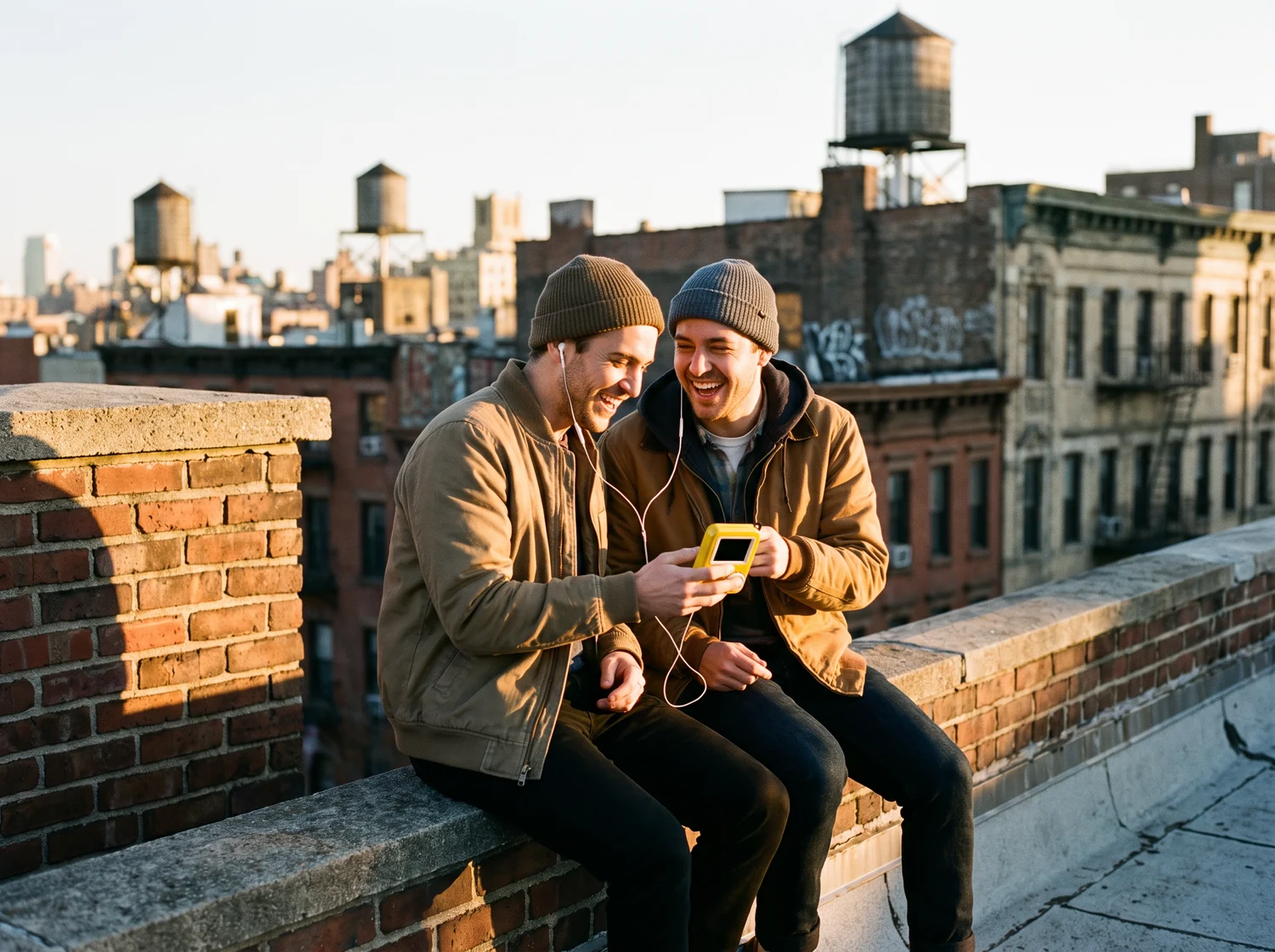 Two friends laughing on a rooftop at golden hour, sharing one pair of earbuds, one holding the yellow Warble Player