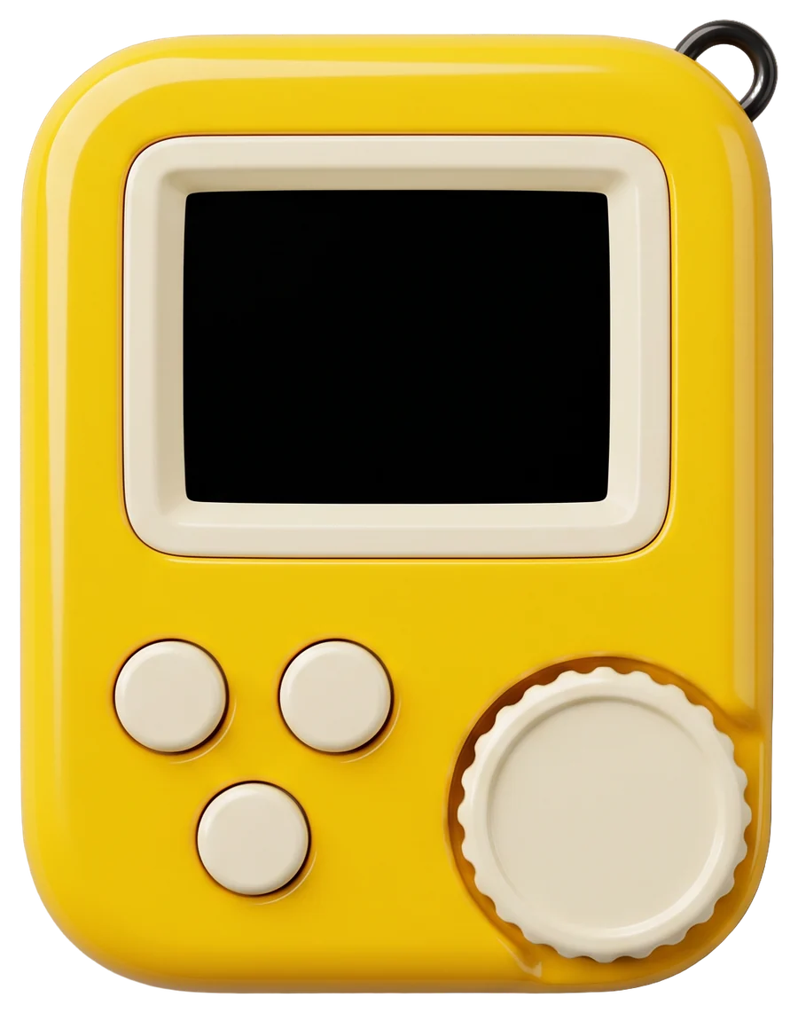 A chunky yellow pocket music player with a screen, three buttons and a big round dial, floating above a round speaker