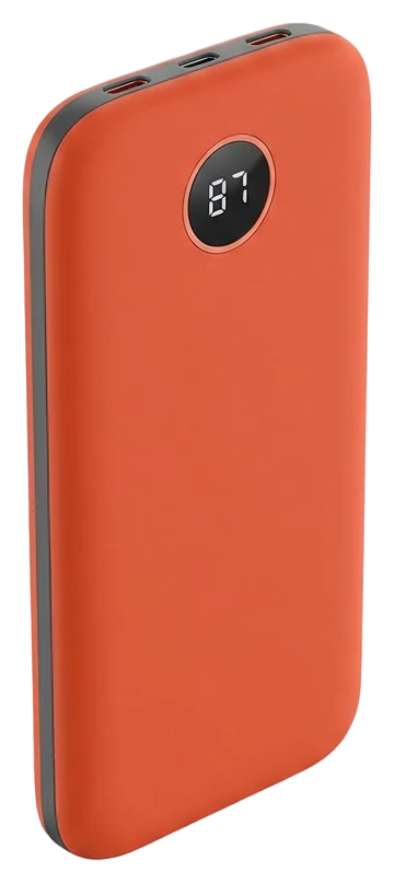The Wattling power bank, a flat vermilion slab with a round display and three USB-C ports