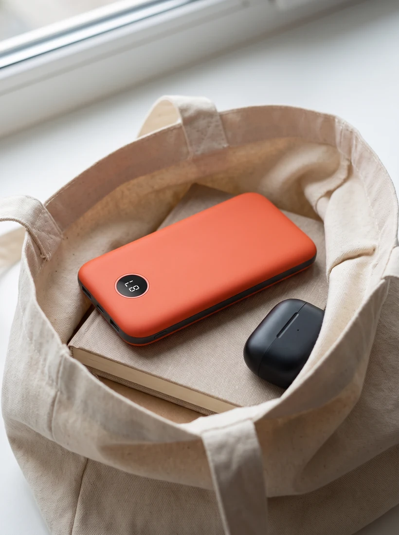 The Wattling power bank lying on a notebook inside an open canvas tote bag