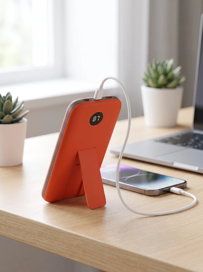 The Wattling power bank standing on a wooden desk on its fold-out stand beside a charging phone
