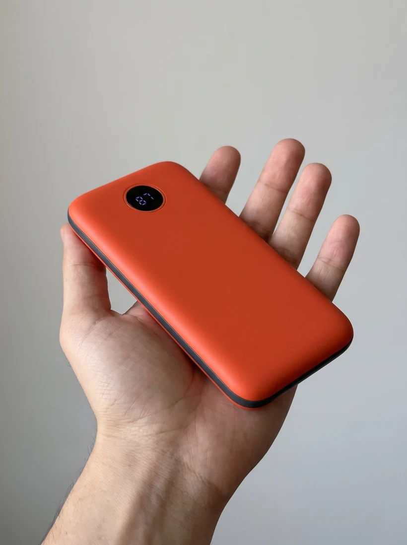 An open hand holding the Wattling power bank flat on the palm to show how small it is