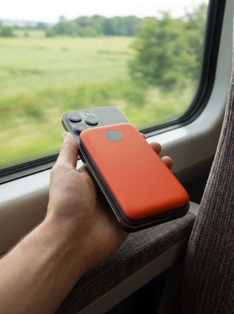 A hand holding a phone with the Wattling power bank clicked onto its back, on a train