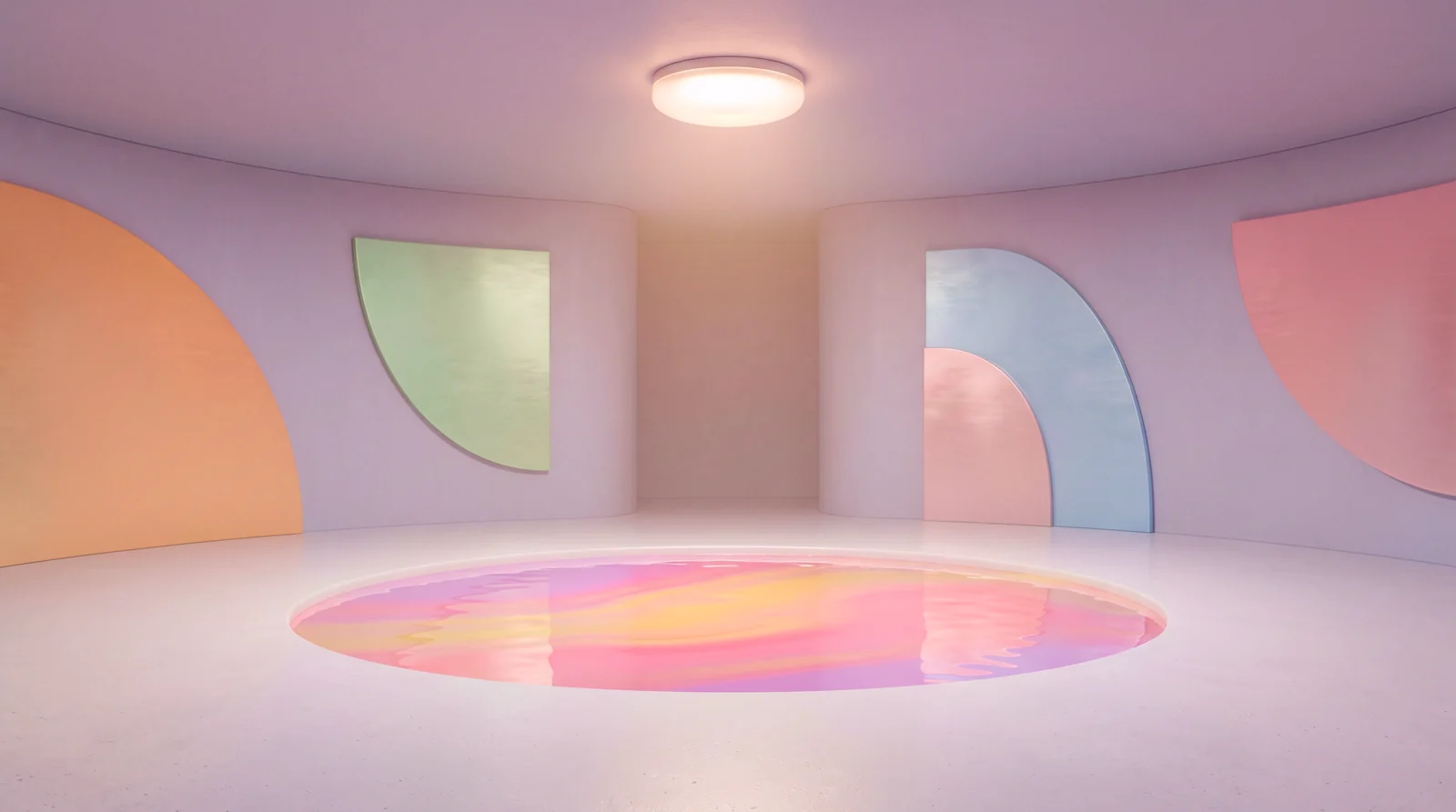 A circular room with one still round pool of glossy pastel liquid holding frozen ripples