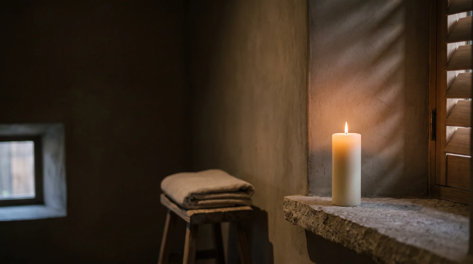 A single lit candle on a stone ledge in a dim taupe room, window slats casting long shadows on the wall
