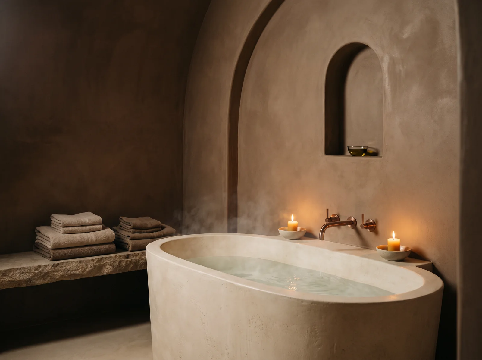 A freestanding oval bath of cream plaster with copper taps, candles on the rim and steam rising